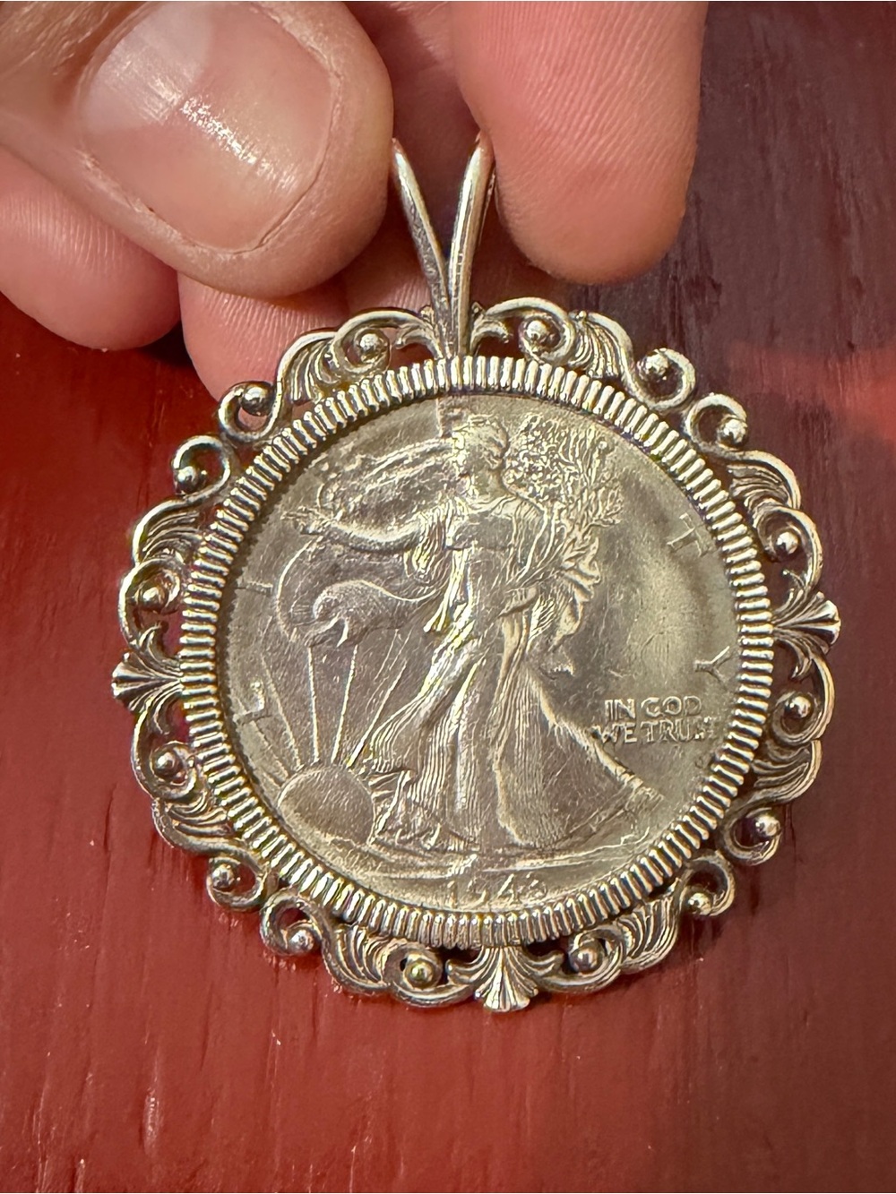 Ornate Sterling silver Walking Liberty Coin Pendant Necklace - Silver
